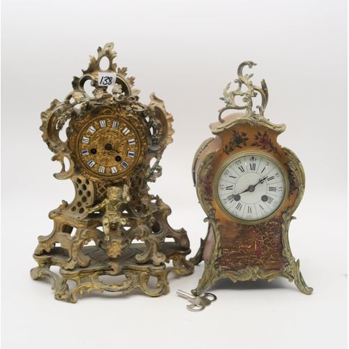 138 - Two French mantle clocks, one in gilt metal, the other with a painted and gilded wooden case