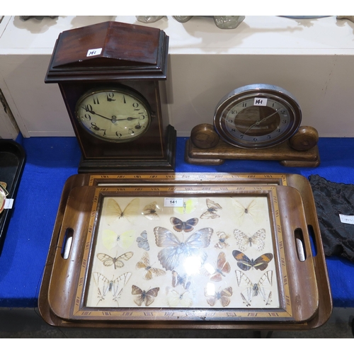 141 - Two wooden mantle clocks and two butterfly wing trays