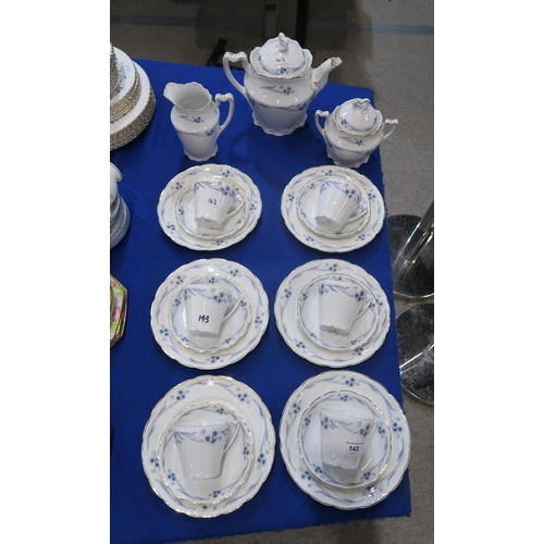 143 - A KPM Art Nouveau porcelain tea set comprising teapot, milk jug, sugar bowl and six trios