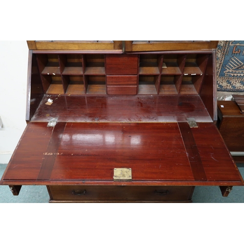 2 - An early 20th century mahogany bureau bookcase with mould cornice over pair of astragal glazed doors... 