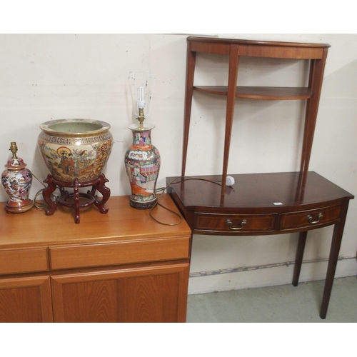 62 - A lot comprising 20th century mahogany two drawer hall table, demi lune two tier table, Oriental sty... 