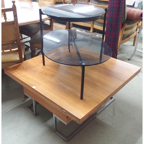 69 - A lot comprising 20th century teak metamorphic coffee table/dining table on stylised metallic suppor... 