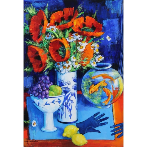 3023 - MARY GALLAGHER (SCOTTISH B.1953)POPPIES AND GOLDFISHOil on board, signed lower left, 82 x 56.5cm (32... 