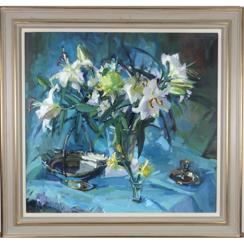 3031 - MARION DRUMMOND (SCOTTISH CONTEMPORARY)SPRING LILIESOil on board, signed lower left, 85 x 90cm (33.5... 