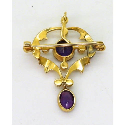 734 - A bright yellow metal amethyst and pearl Edwardian pendant brooch, length 3.7cm, weight 4.3gms