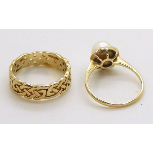 754 - A 9ct gold Celtic knotwork wedding ring, size l weight 3.1gms, together with a 14k gold pearl ring w... 