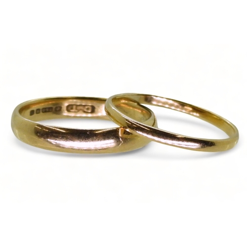 768 - Two 18ct gold wedding rings, sizes, S1/2 (wider) and R, weight together 5.2gms