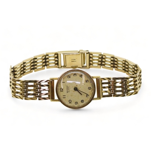 773 - A 9ct gold ladies record De Luxe watch and strap, length 18.5cm, diameter approx 2cm, weight includi... 