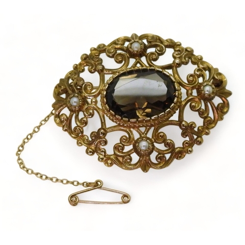 777 - A 9ct gold Victorian style smoky quartz and pearl brooch, approx 4.7cm x 3.9cm, weight 15.3gms