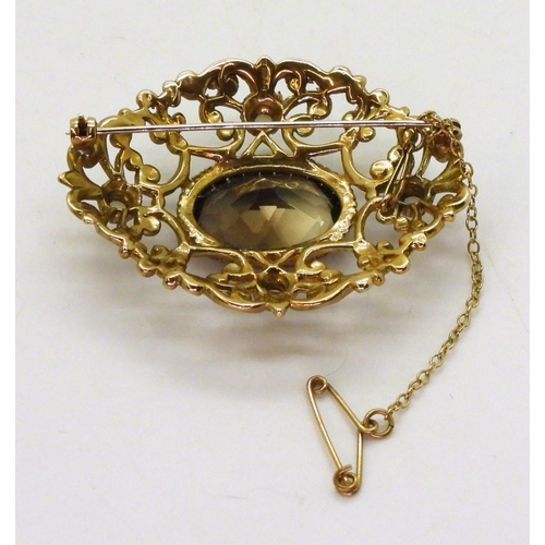 777 - A 9ct gold Victorian style smoky quartz and pearl brooch, approx 4.7cm x 3.9cm, weight 15.3gms