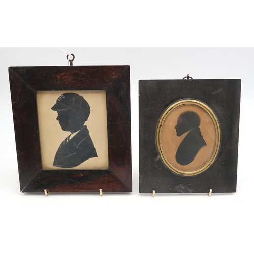 512 - An early-19th century miniature silhouette portrait of a gentleman in profile, with trade label vers... 