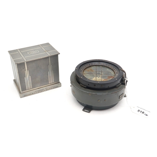 518 - A WW2 RAF Type P II compass, serial no. 55077 H., together with a pewter cigarette box engraved with... 