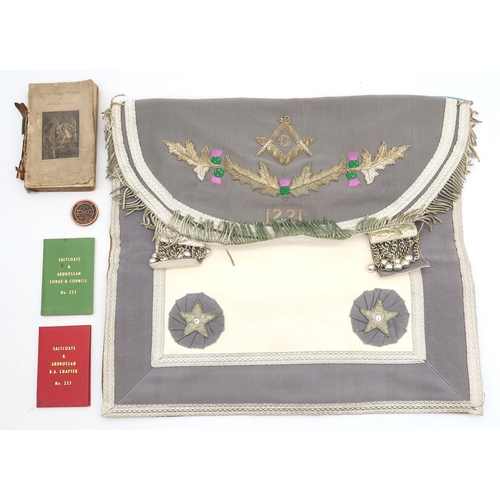 522 - A Masonic apron for the No. 1221 Greyfriars Lodge, housed in a leather case, with some associated do... 