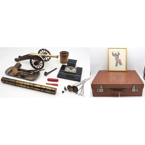 526 - An eclectic mixed lot, to include a desk canon with well-cast brass barrel, black glass desk inkwell... 