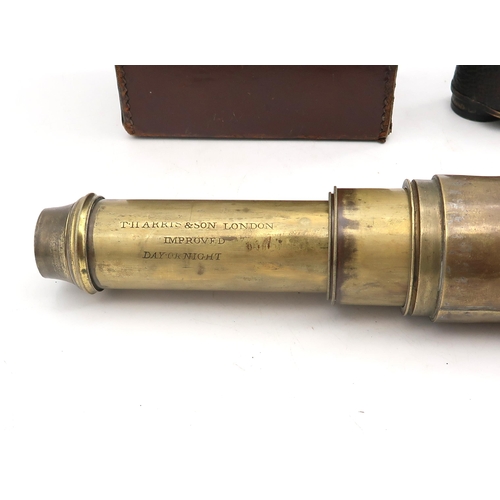 533 - A brass and leather-clad Day-or-Night Improved three-draw telescope by T. Harris & Son, London, ... 