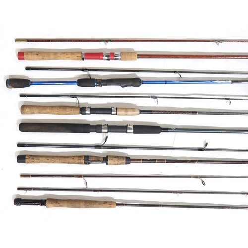 541 - An assortment of fishing rods, to include Abu Atlantic 450; Mitchell Adventure Flash and Vantage; Sh... 