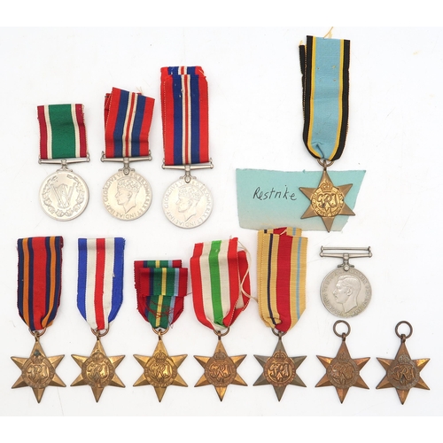 586 - WW2 campaign medals, comprising Africa Star, Italy Star, Atlantic Star, Pacific Star, France and Ger... 