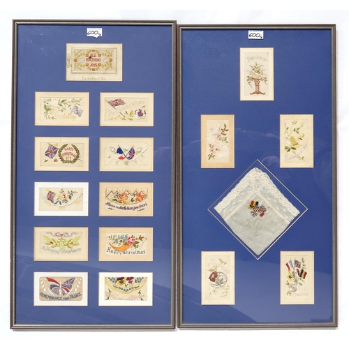 600 - Two framed displays of WW1 embroidered silk postcards, each measuring approx. 79cm x 42cm externally... 