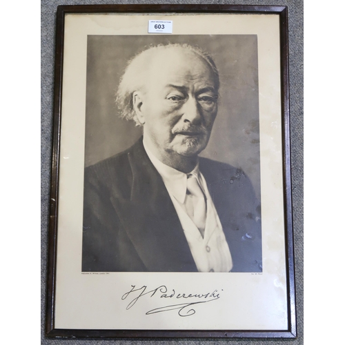 603 - A framed photographic portrait of the Polish pianist, composer and statesman Ignacy Jan Paderewski i... 