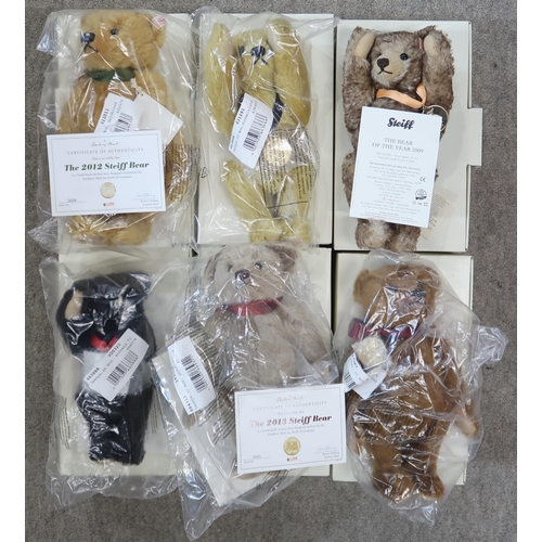 604 - Six contemporary Steiff bears, sealed in their original packaging, to include 2009, 2012, 2013 and T... 