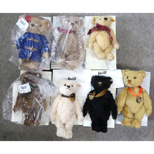 606 - Seven contemporary Steiff bears, to include year bears produced for the Danbury Mint, contained with... 