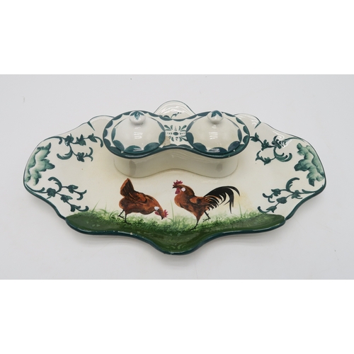 2254 - A WEMYSS WARE DOUBLE INKWELLpainted with a brown cockerel and hen, impressed marks to base, 26cm lon... 