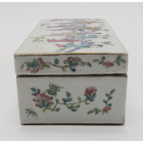 2379 - A CANTONESE RECTANGULAR PEN BOXPainted with figures within a fenced garden above insects and foliage... 