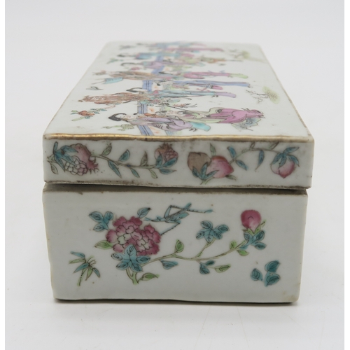 2379 - A CANTONESE RECTANGULAR PEN BOXPainted with figures within a fenced garden above insects and foliage... 