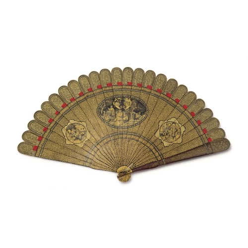 2380 - A CANTONESE EXPORT BLACK AND GOLD LACQUERED FAN Painted with panels of figures in gardens and landsc... 