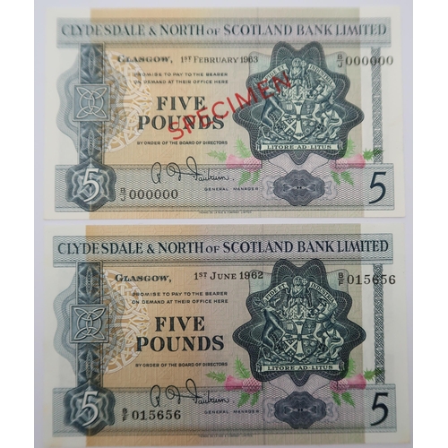 305 - BANKNOTES Clydesdale & North of Scotland Bank specimen £5 note 1st February 1963 Fairbairn... 