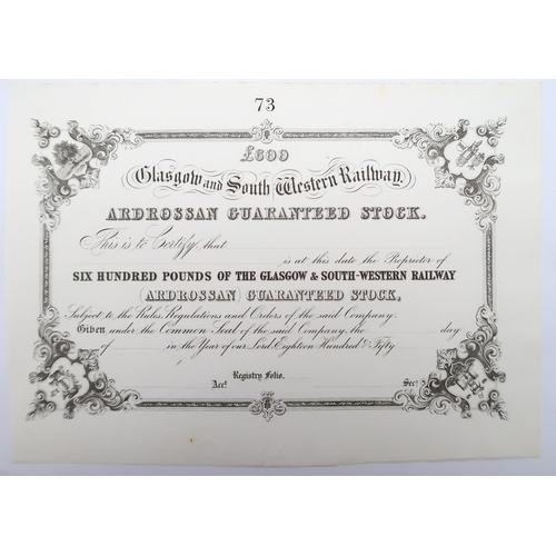 320B - A blank £600 Glasgow and South Western Railway. Ardrossan guaranteed stock certificate 