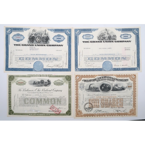 320D - A lot comprising two 20th century The Grand Union Company 100 shares stock certificates, a 20th cent... 