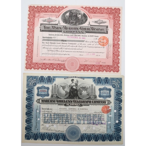 320M - A lot comprising an early 20th century The Mary Murphy Gold Mining Company stock certificate an... 