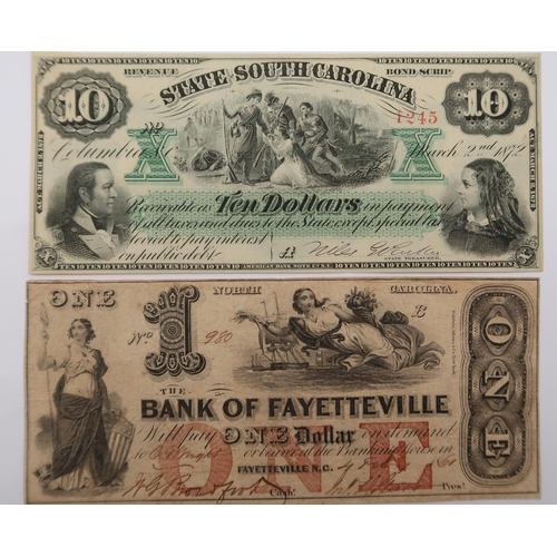 334 - A lot of two Carolinian United States notes to include 1872 State of South Carolina ten dollar note ... 