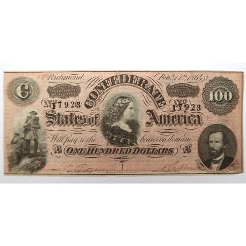 335 - An 1864 Confederate States of America one hundred dollar bill Richmond No.17923