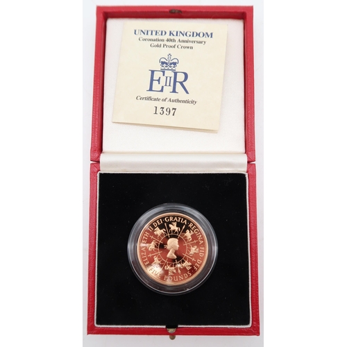 492 - ELIZABETH II 40th Coronation Jubilee; Gold Proof 5 Pounds 1993Obverse at the centre is the... 