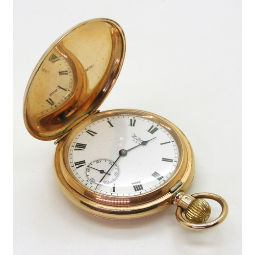 2907 - A 9CT WALTHAM POCKET WATCH a full hunter case, with classic white enamel dial with black roman ... 