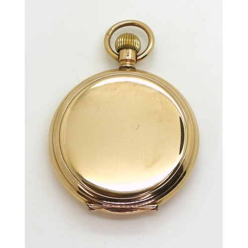 2907 - A 9CT WALTHAM POCKET WATCH a full hunter case, with classic white enamel dial with black roman ... 