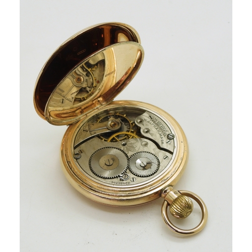 2907 - A 9CT WALTHAM POCKET WATCH a full hunter case, with classic white enamel dial with black roman ... 