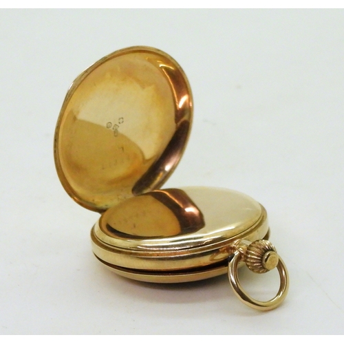 2911 - A LADIES HALF HUNTER FOB WATCHin 12ct gold with blue and gold enamelled chapter ring to the outer ca... 