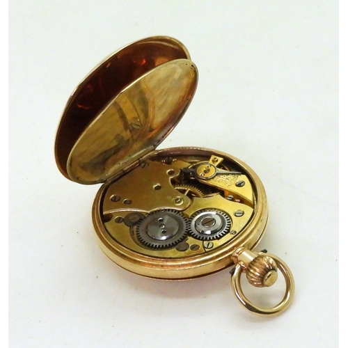 2911 - A LADIES HALF HUNTER FOB WATCHin 12ct gold with blue and gold enamelled chapter ring to the outer ca... 