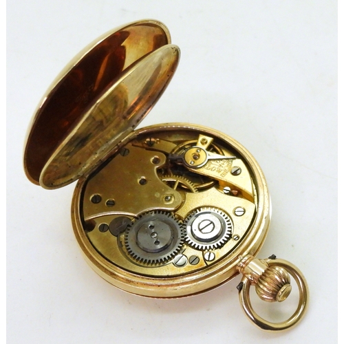 2911 - A LADIES HALF HUNTER FOB WATCHin 12ct gold with blue and gold enamelled chapter ring to the outer ca... 