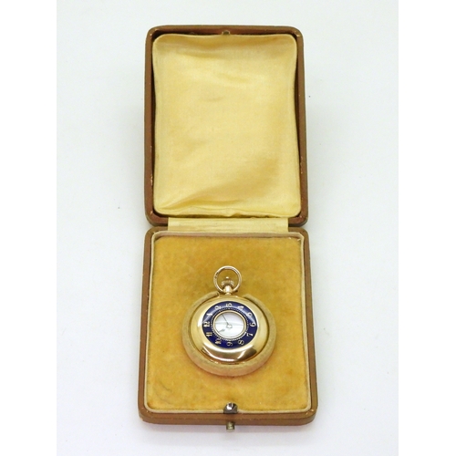 2911 - A LADIES HALF HUNTER FOB WATCHin 12ct gold with blue and gold enamelled chapter ring to the outer ca... 