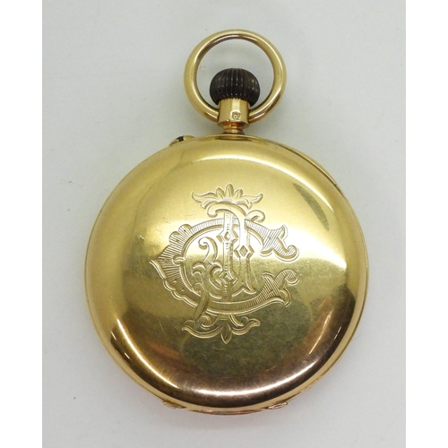 2916 - AN 18CT GOLD OPEN FACE POCKET WATCH with a white enamel dial, black Roman numerals, subsidiary ... 