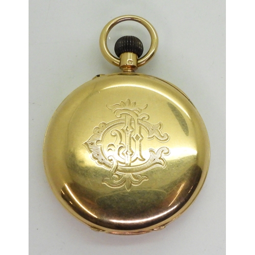 2916 - AN 18CT GOLD OPEN FACE POCKET WATCH with a white enamel dial, black Roman numerals, subsidiary ... 