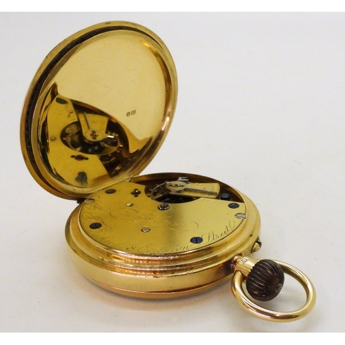 2916 - AN 18CT GOLD OPEN FACE POCKET WATCH with a white enamel dial, black Roman numerals, subsidiary ... 