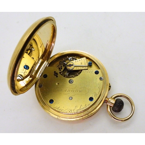 2916 - AN 18CT GOLD OPEN FACE POCKET WATCH with a white enamel dial, black Roman numerals, subsidiary ... 