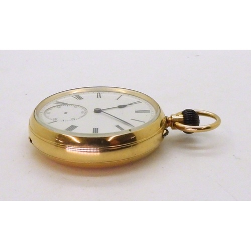 2916 - AN 18CT GOLD OPEN FACE POCKET WATCH with a white enamel dial, black Roman numerals, subsidiary ... 