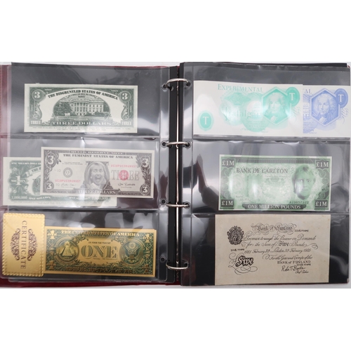 327 - A lot to include assorted satirical novelty bank note including Australian political notes, American... 