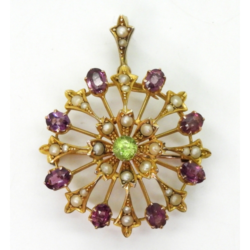 2775 - A SUFFRAGETTE PENDANT BROOCHmade in bright yellow metal and set with peridot, garnet and pearls, the... 